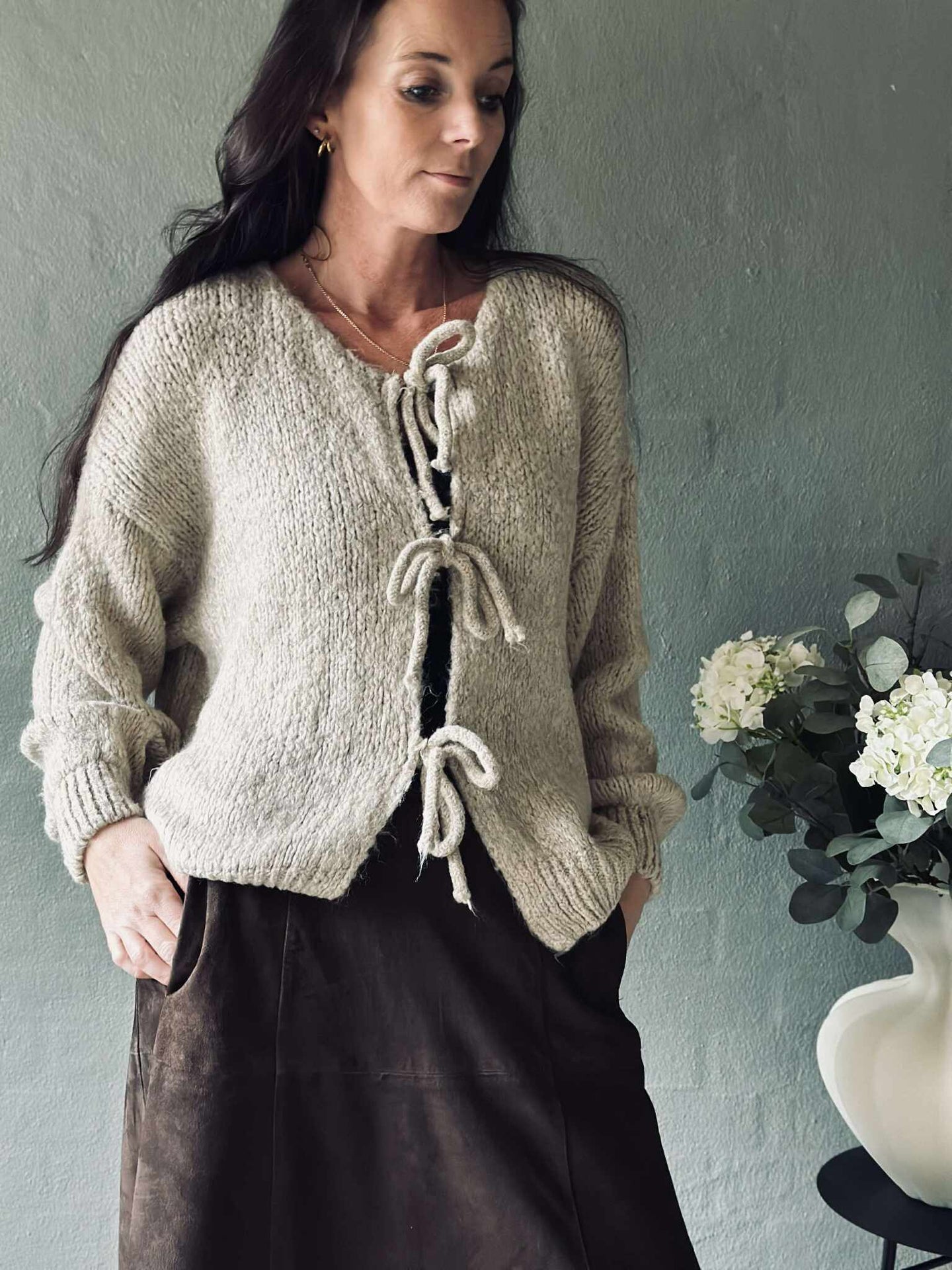 Cardigan med sløyfer - Beige