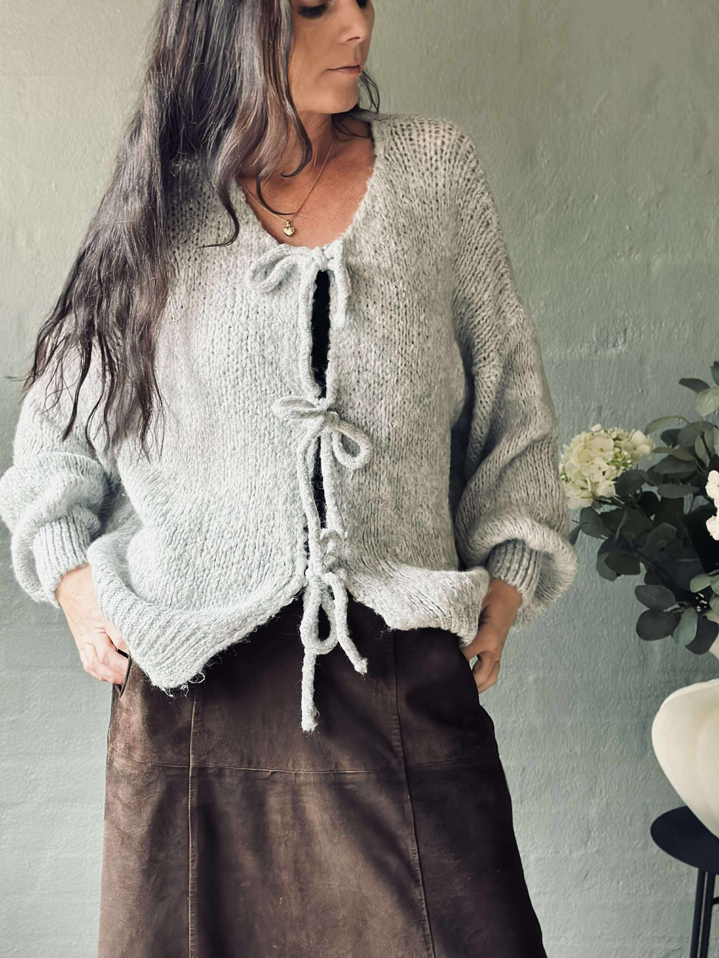 Cardigan med sløyfer - Grå