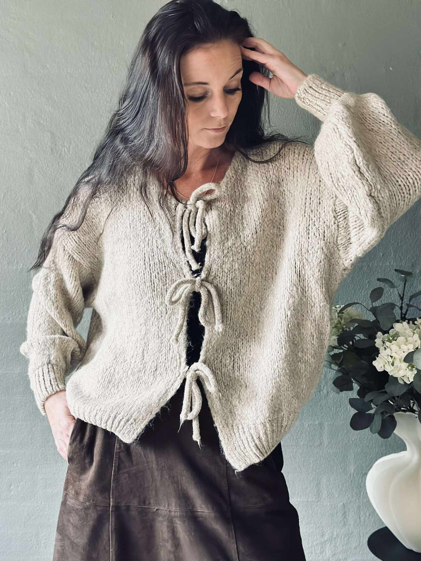 Cardigan med sløyfer - Beige