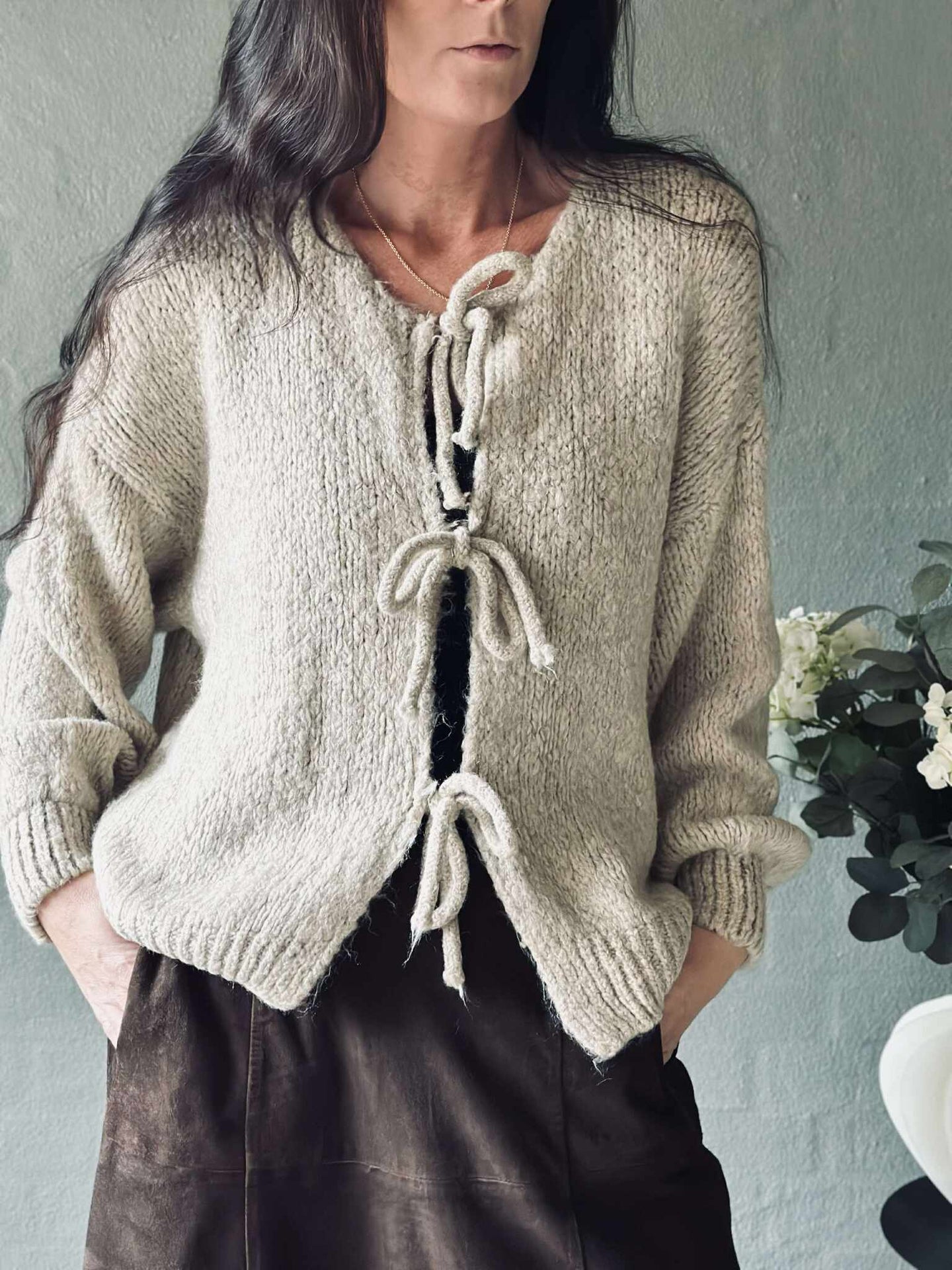Cardigan med sløyfer - Beige