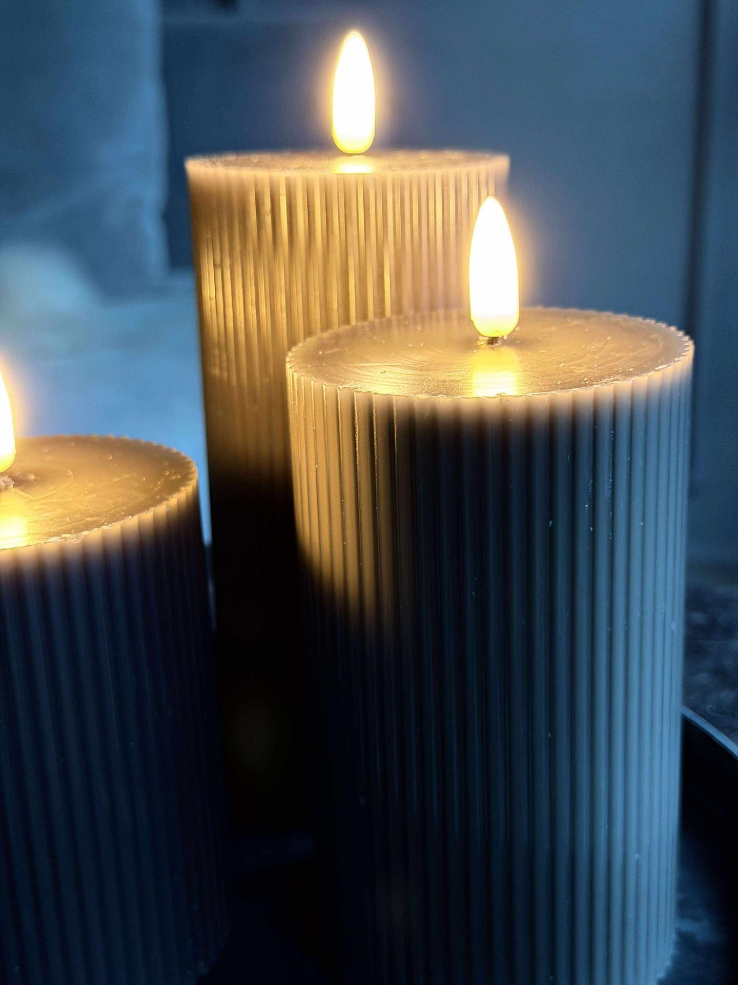 LED bloklys grå med riller - Sett med 3 stk