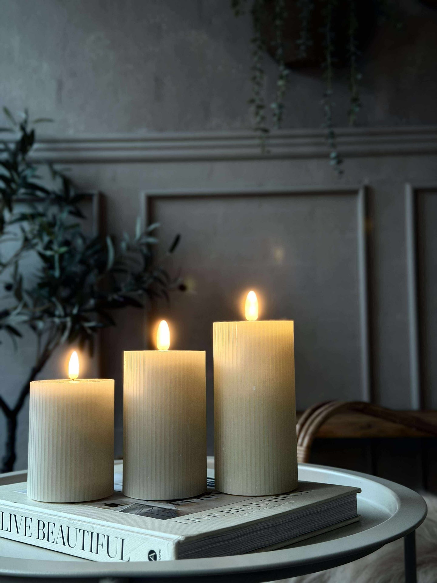 LED Bloklys Mint med riller - Sett med 3 stk