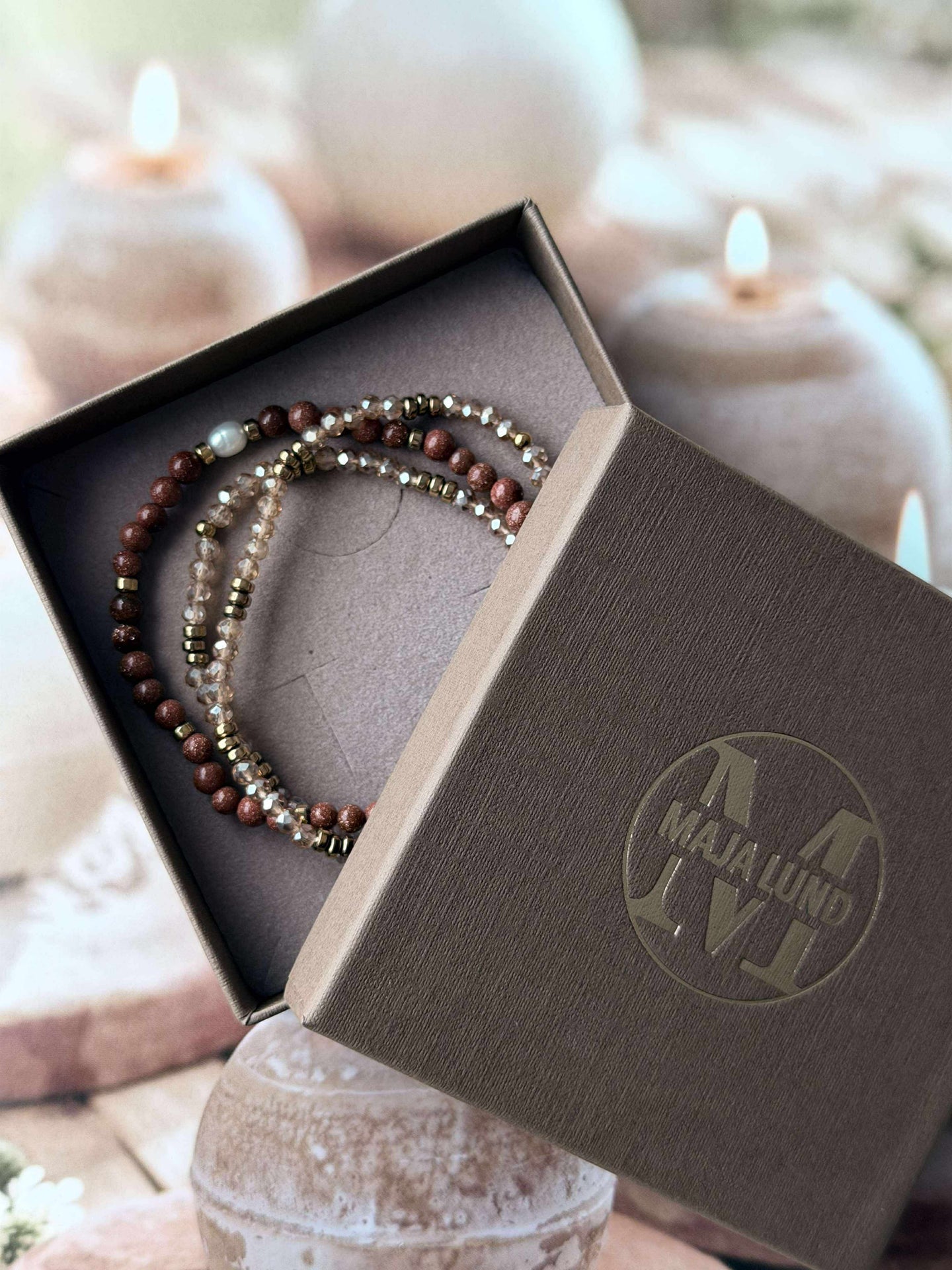 Armbånd Leah Natur/Cognac – Sett med 3 stk