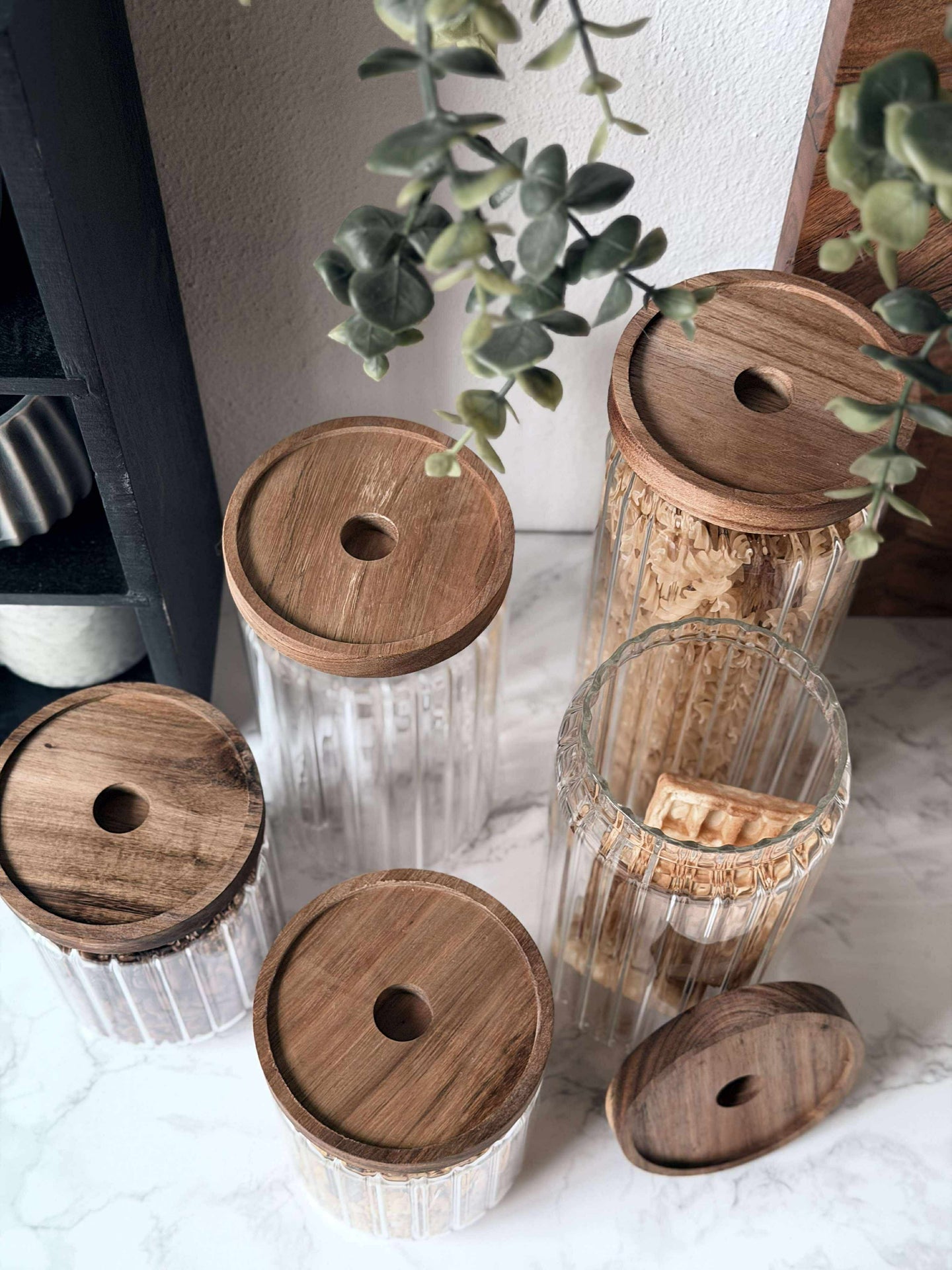 Oppbevaringsglass med trelokk - Sett med 5 stk.