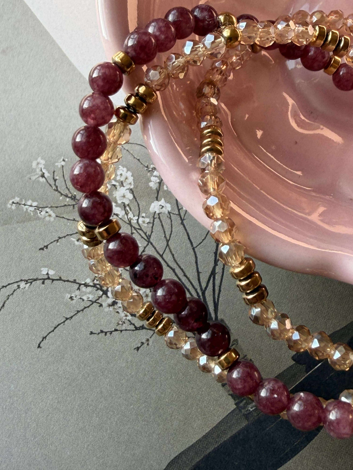 Armbånd Leah Bordeaux/Natur – Sett med 3 stk