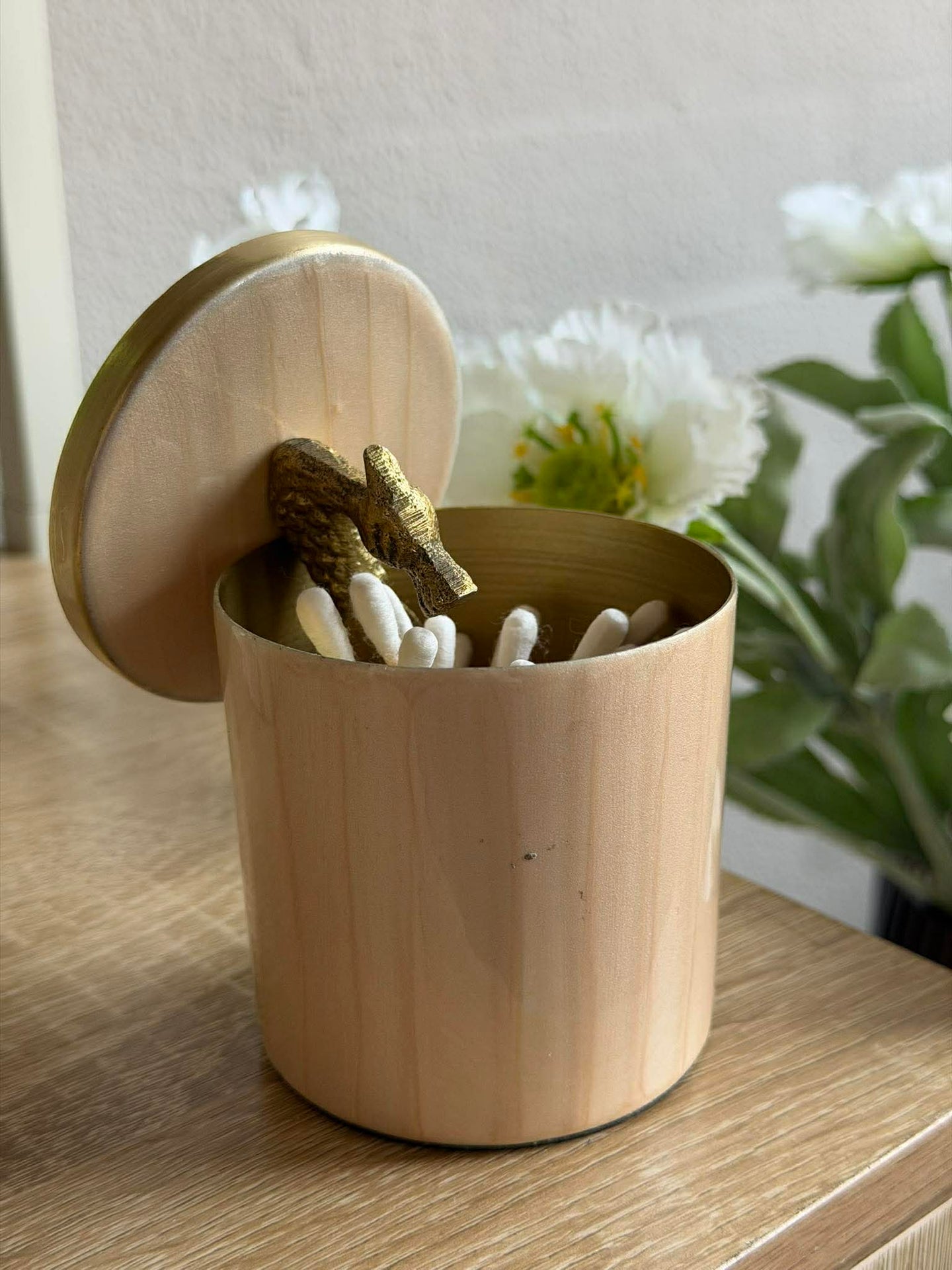 Krukke med lokk – Beige med fugl i gull