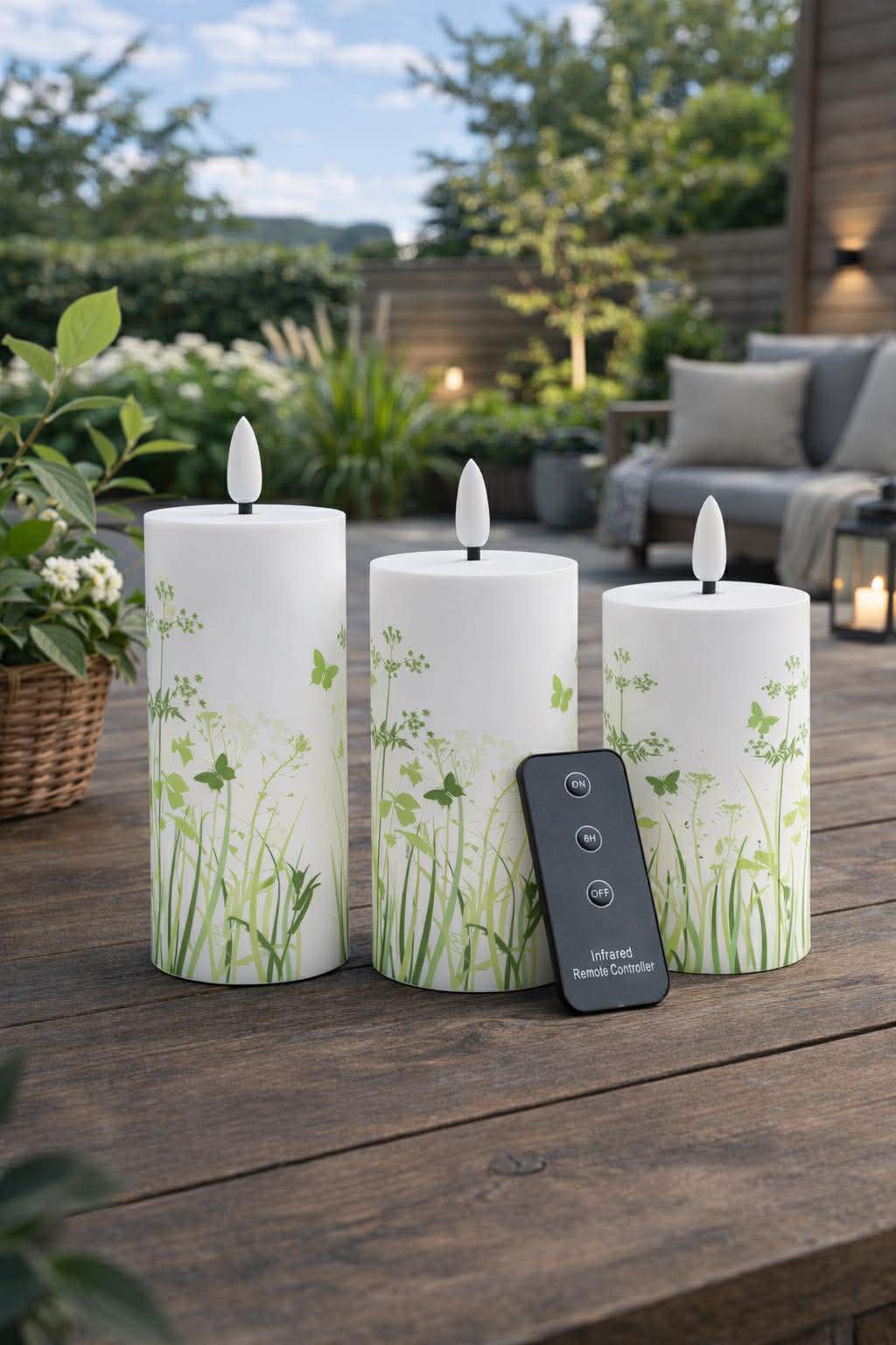 Utendørs bloklys Green Flower - Sett med 3 stk