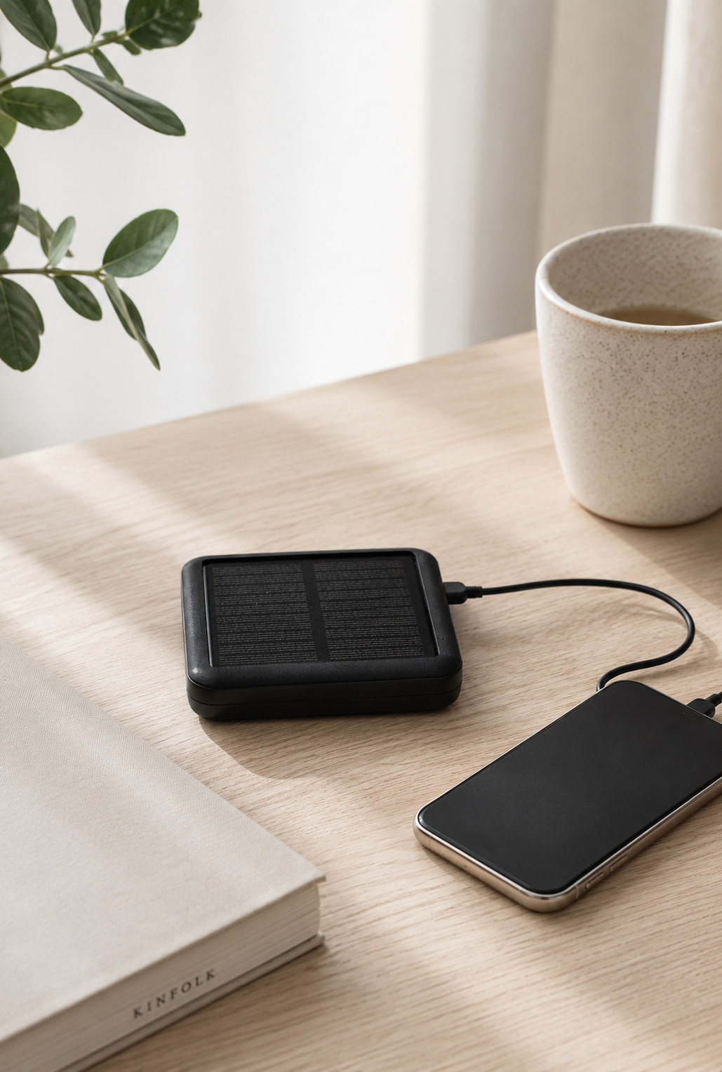Mini solar powerbank med kabler, 10.000 mAh