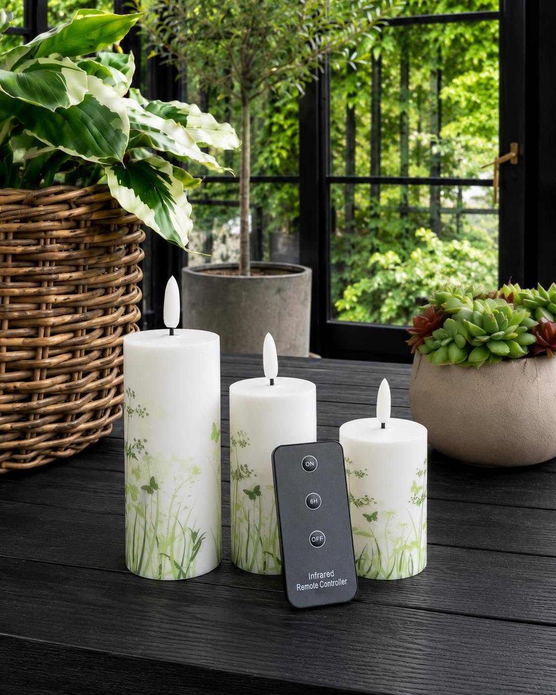 Utendørs bloklys Green Flower - Sett med 3 stk