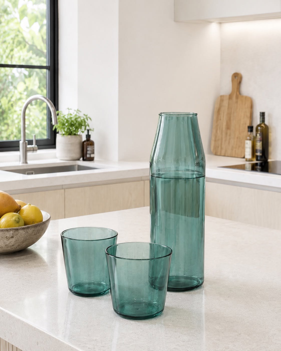 Nine Milk glass + karaffel - AQUA