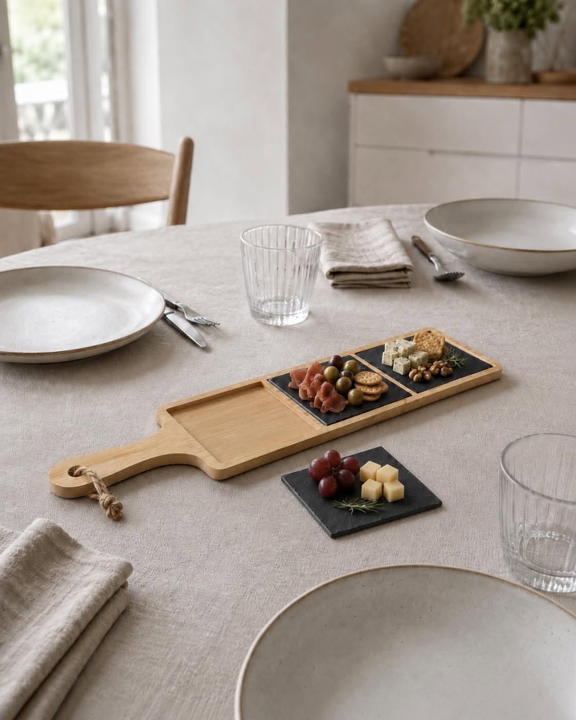 Serveringsbrett - bambus og skifer med håndtak