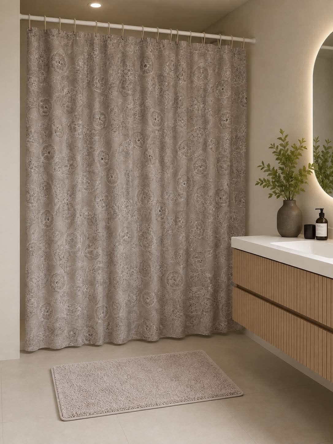Badetilbehørssett: Dusjforheng & baderomsmatte / Beige