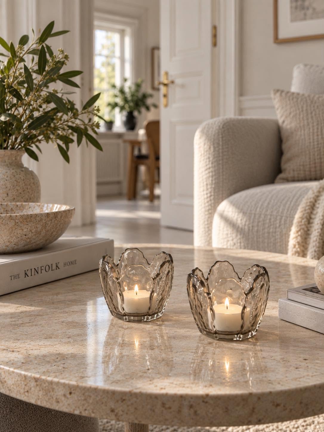 Lysestake beige blomst  - Sett med 2 stk