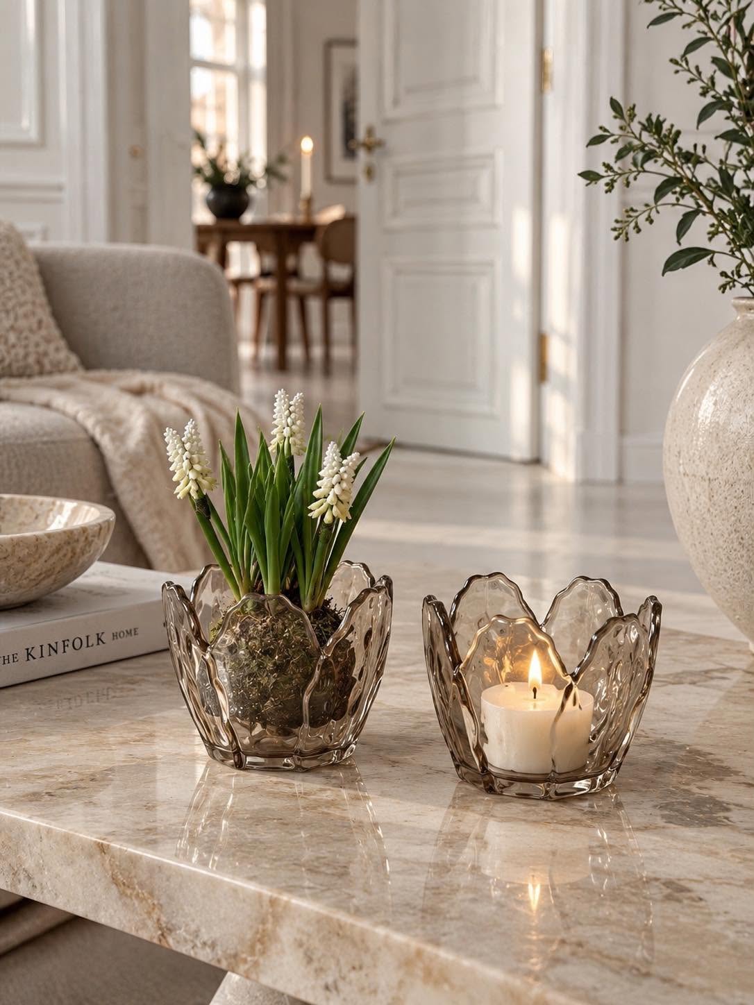 Lysestake beige blomst  - Sett med 2 stk