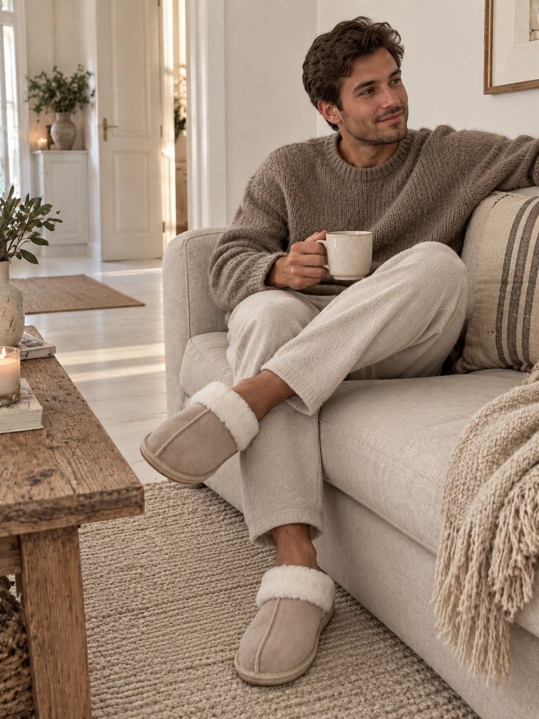 Hjemmesko beige/hvid med blødt lammeskind og slip-on design