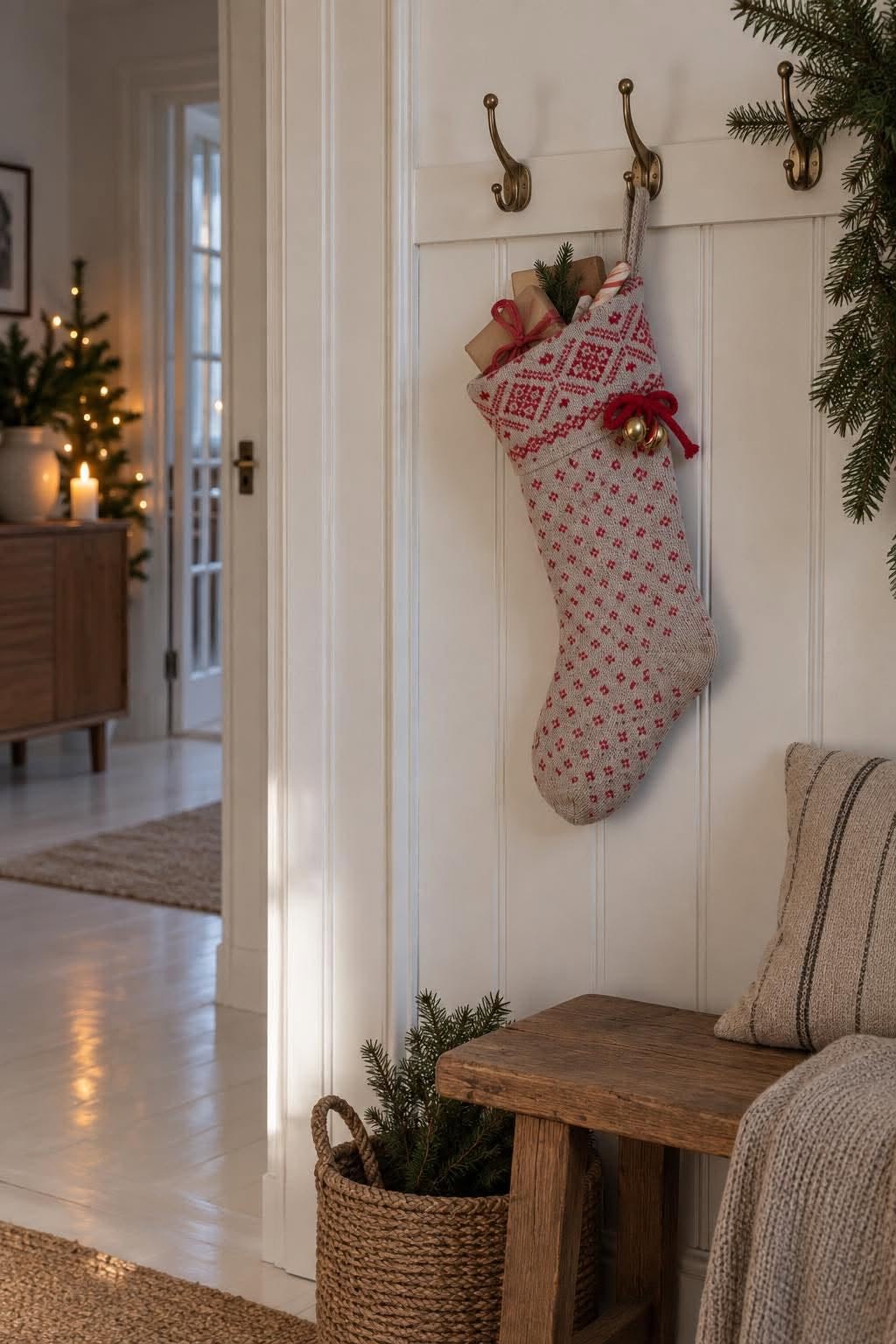 Julestrømpe strikket grå / rød