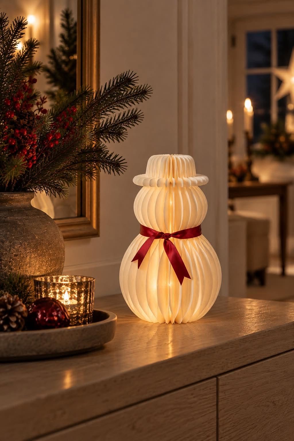 Snømann med led-lys – papir med timer