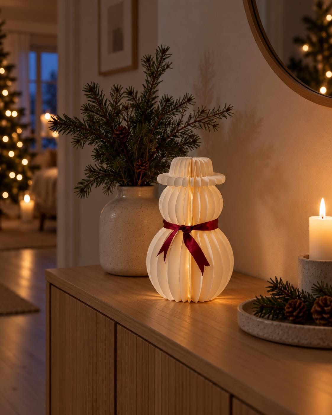 Snømann med led-lys – papir med timer