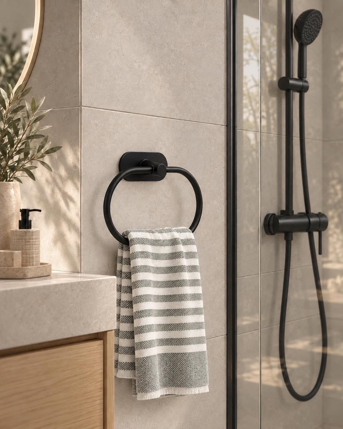 Håndkleholder i sort metall – veggmontert