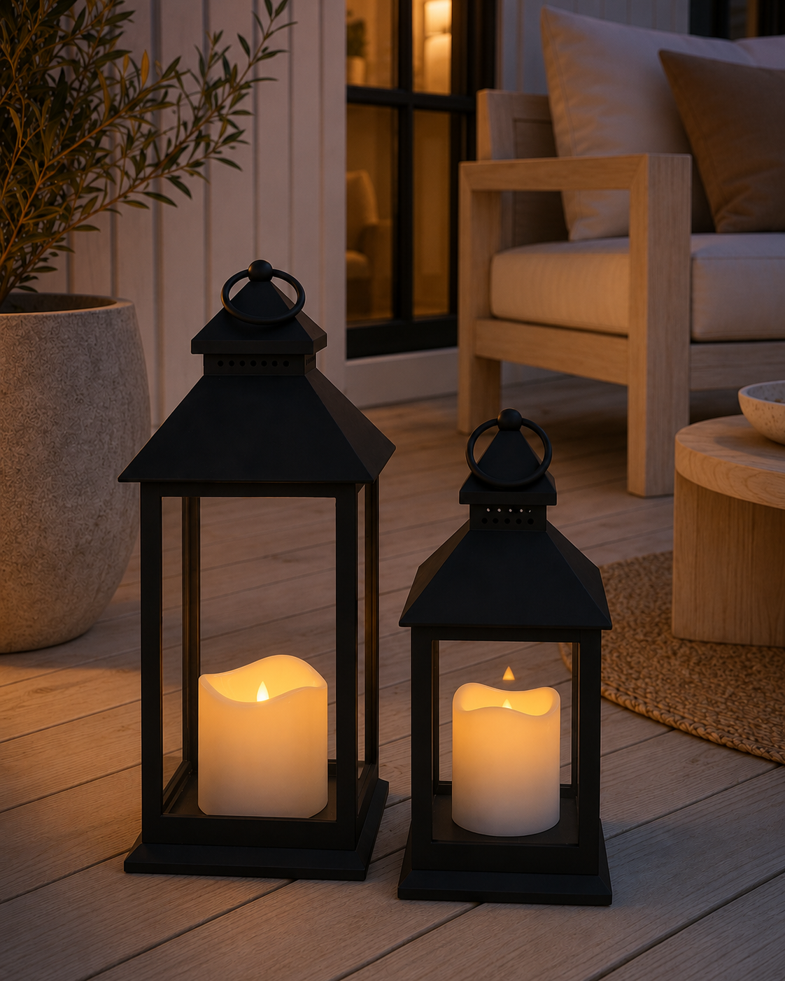 LED-lanterner med bloklys og timer - Sett med 2 stk