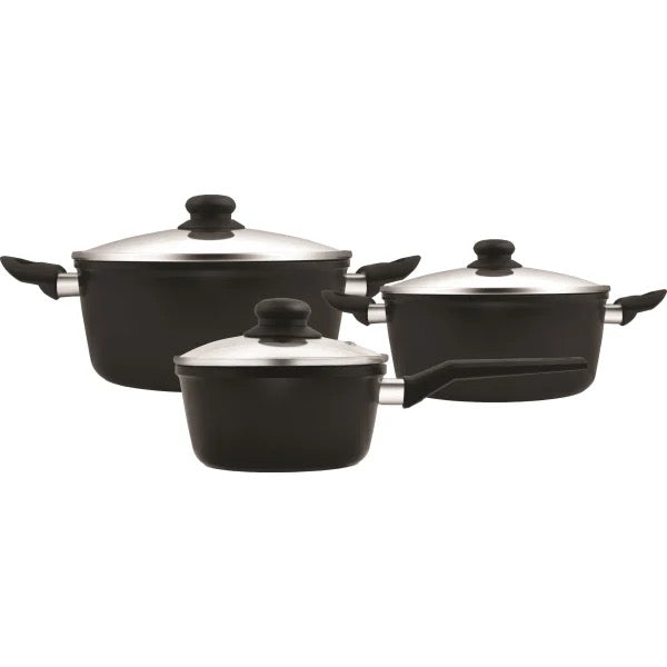 Kjelesett - 3 stk med glasslokk - Aluminium/keramisk belegg