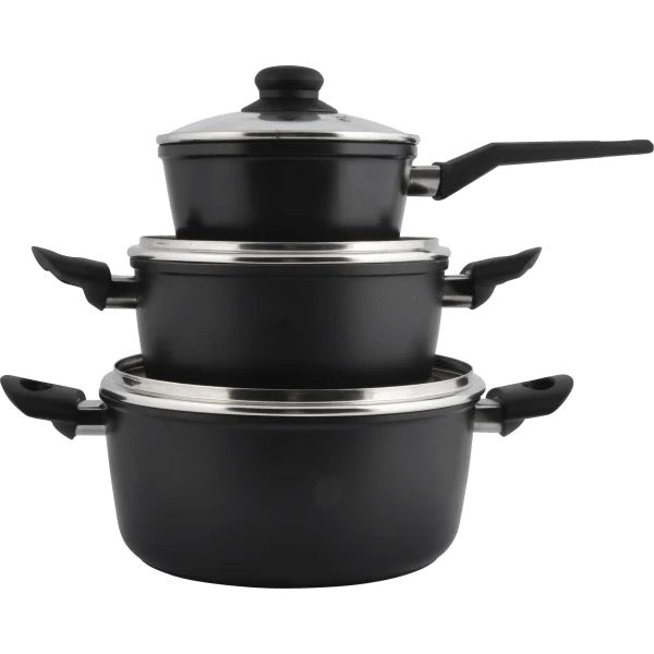 Kjelesett - 3 stk med glasslokk - Aluminium/keramisk belegg