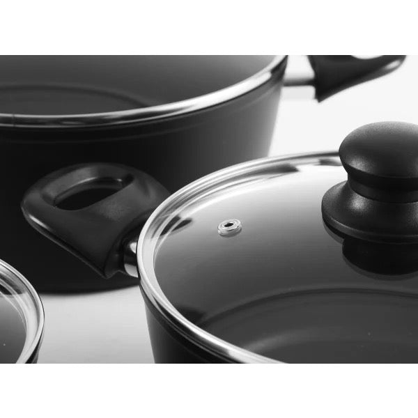 Kjelesett - 3 stk med glasslokk - Aluminium/keramisk belegg