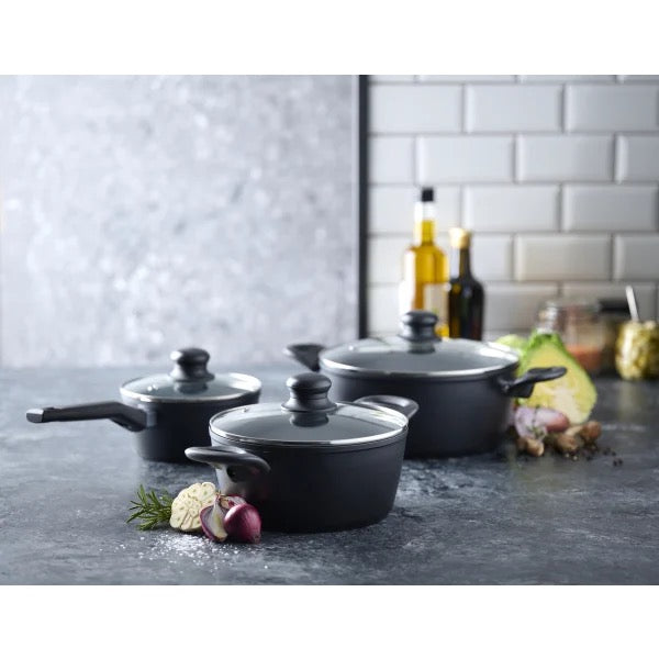 Kjelesett - 3 stk med glasslokk - Aluminium/keramisk belegg