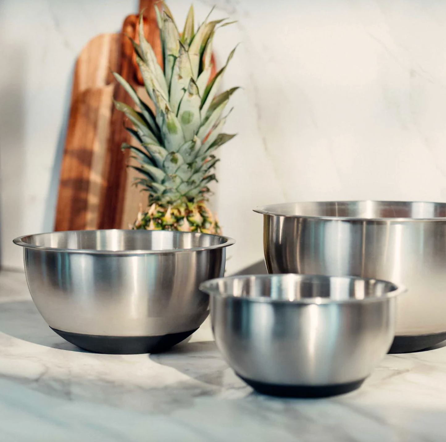 Blandeskål med silikonbunn og lokk, Sett med 3 stk