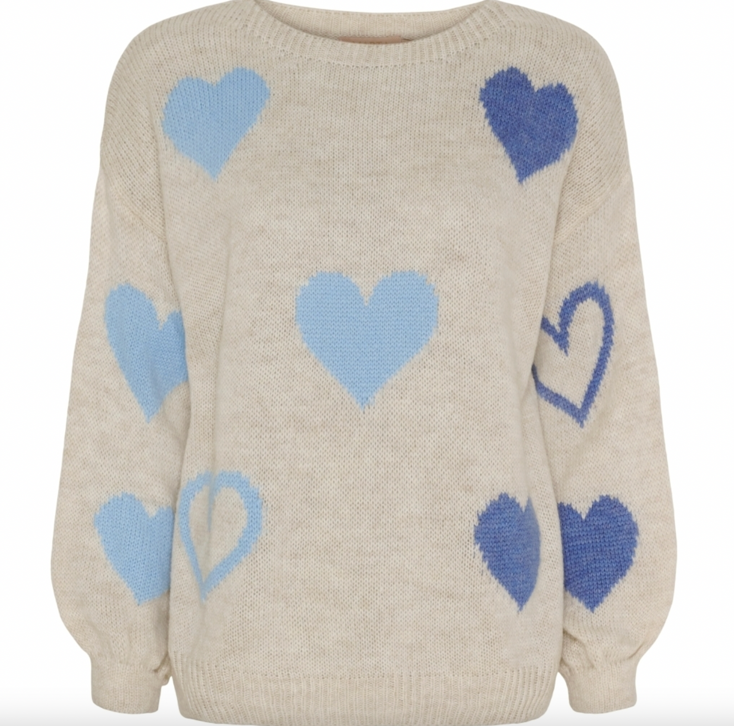 Strik i beige med blå hjerter