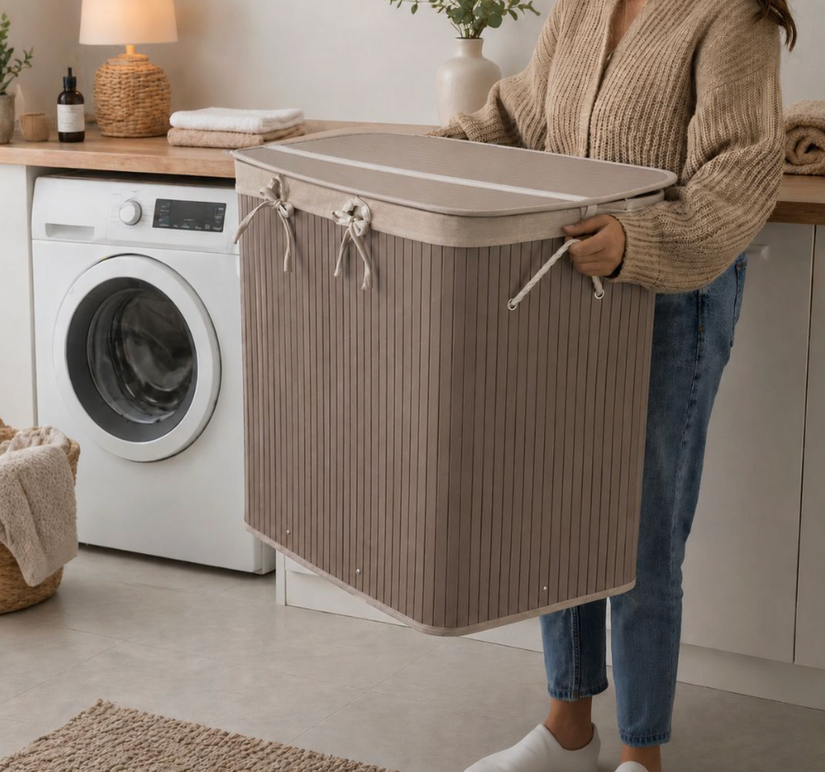 Vasketøyskurv Beige – Bambus med tre rom