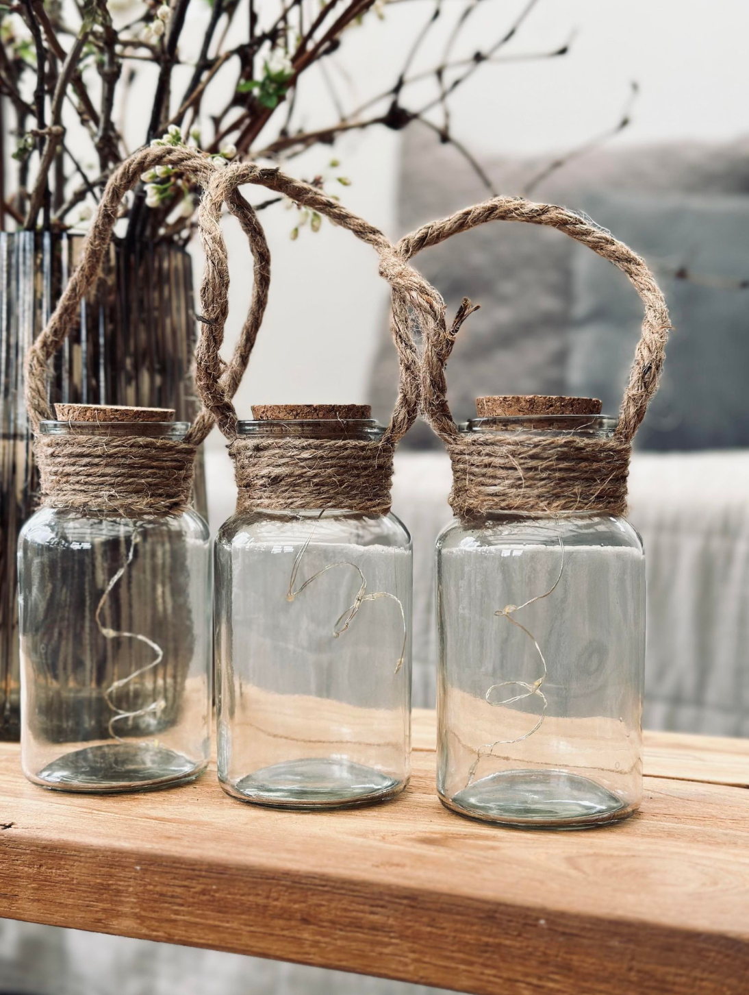 Mini lykt i glass med korkpropp og lyskjede