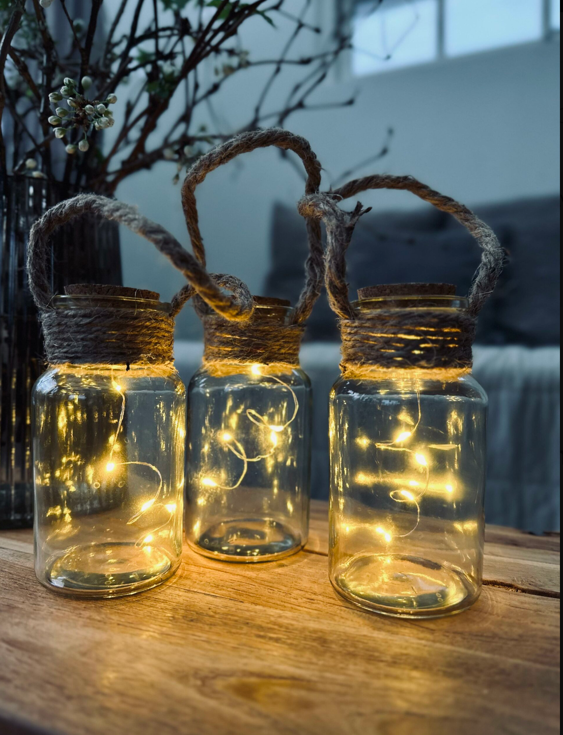 Mini lykt i glass med korkpropp og lyskjede