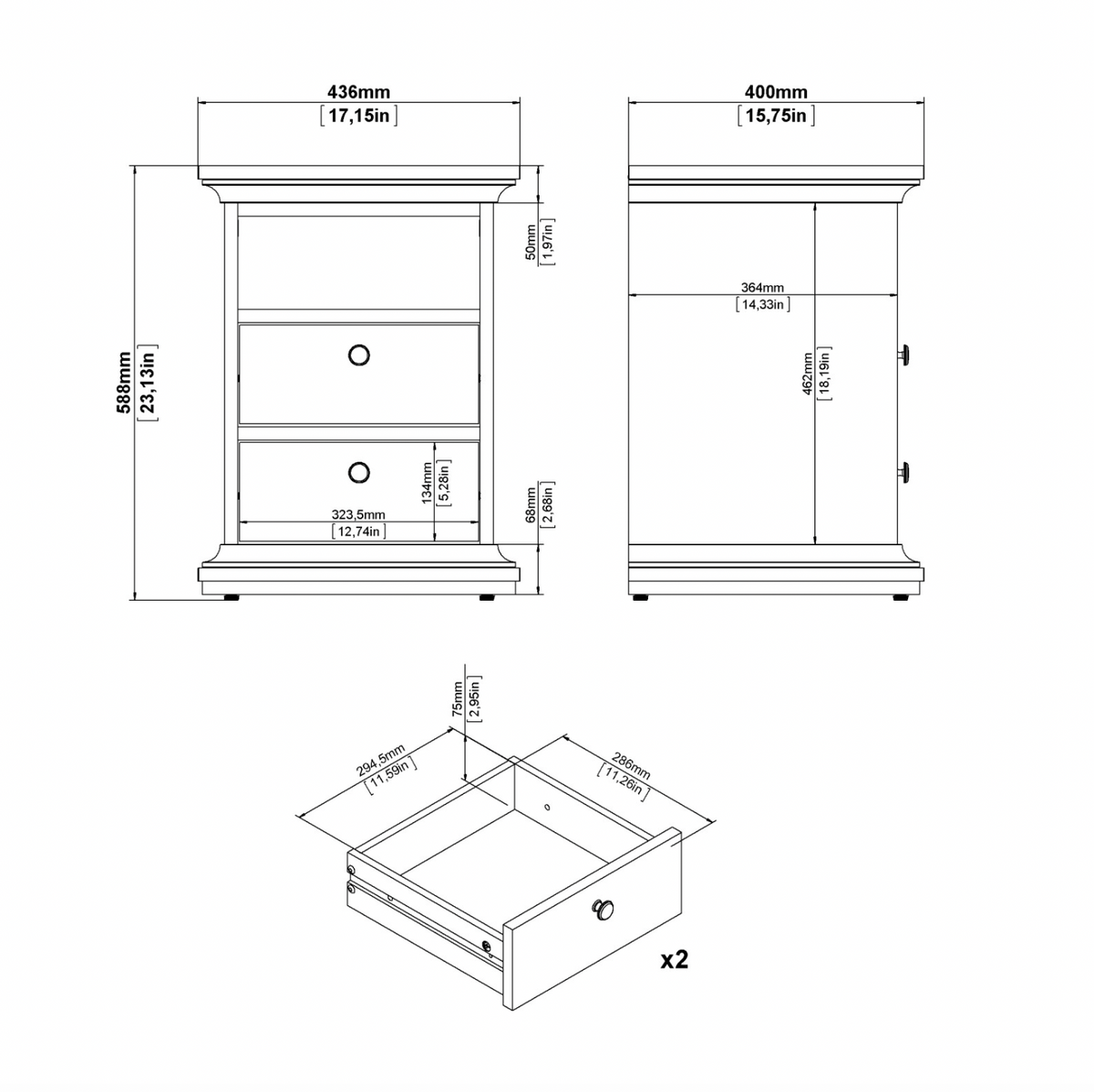 Nattbord Paris White – 2 skuffer