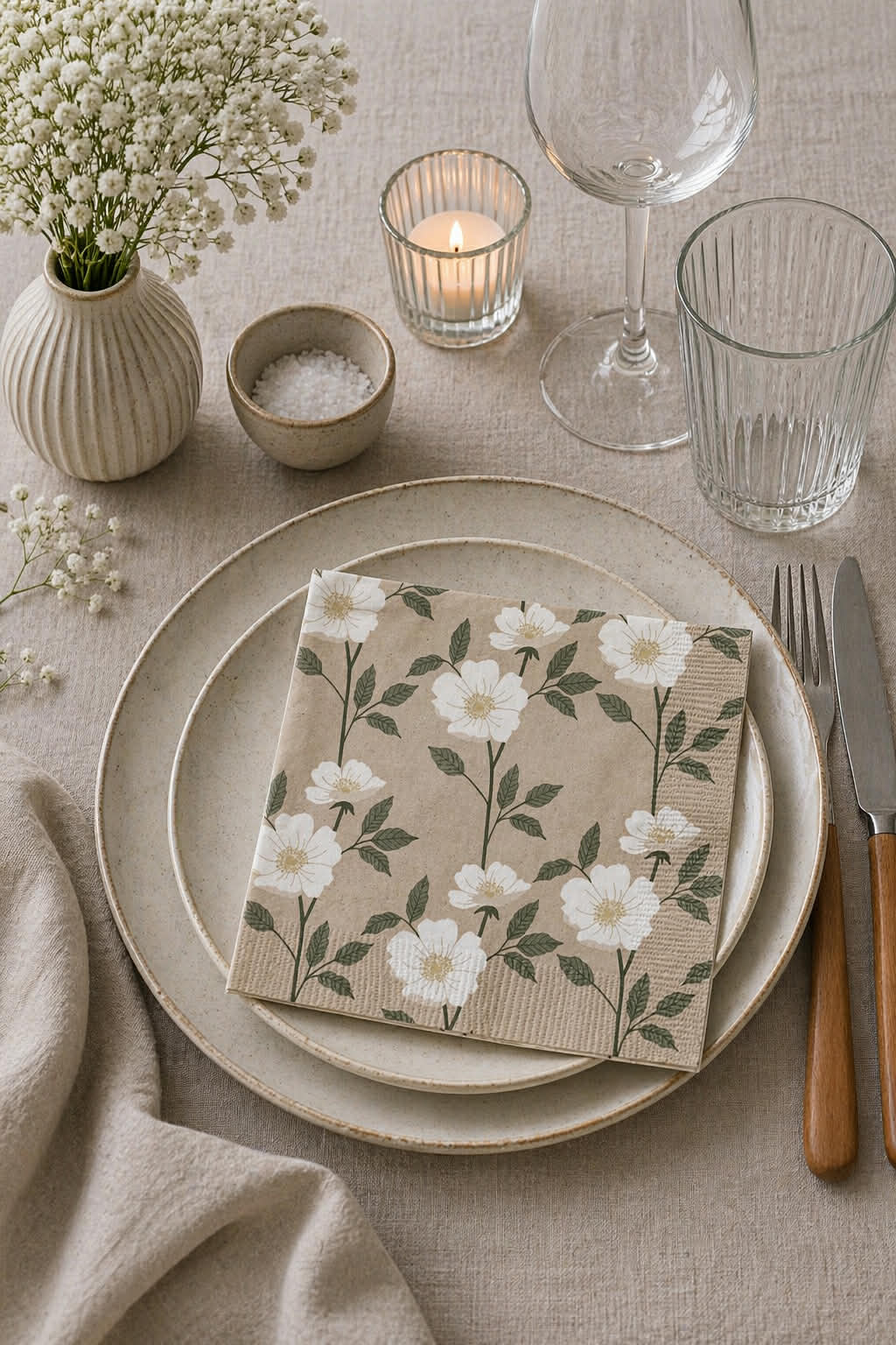 Servietter beige flower - 20 stk