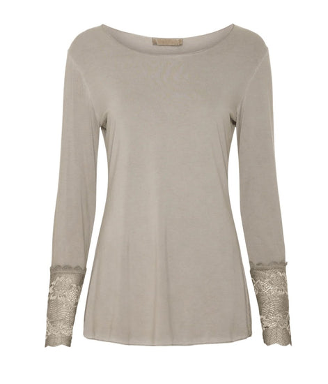 Bluse BASIS med blondedetaljer – Fango beige - VIAMAJA.DK