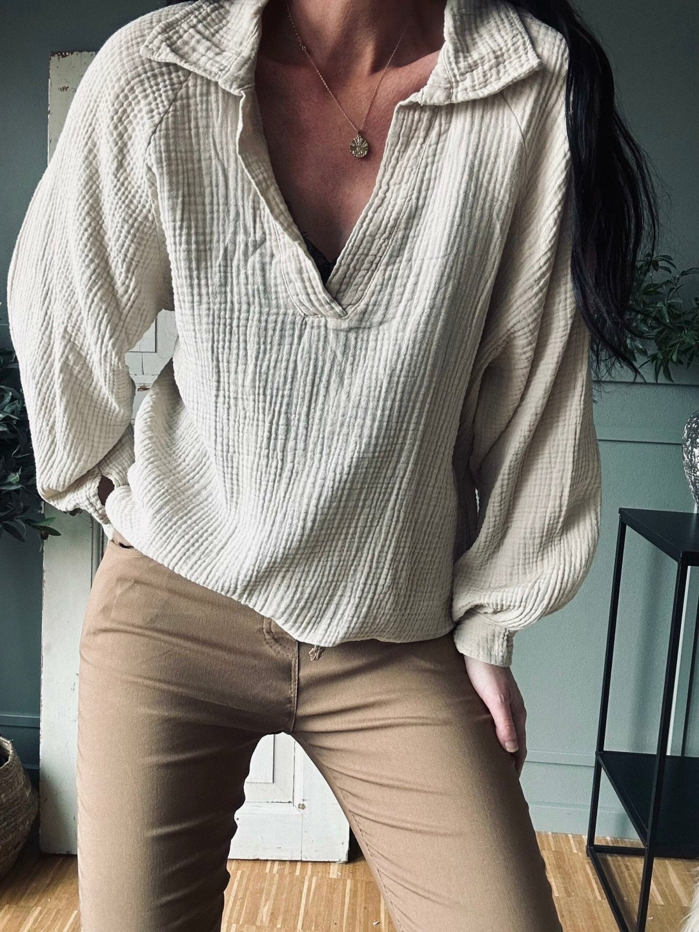 Bluse i vaflet bomuld – Beige - VIAMAJA.DK