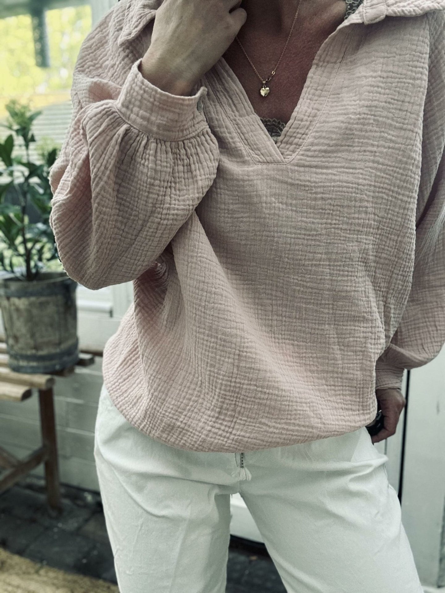 Bluse i vaflet bomuld - Rose - VIAMAJA.DK
