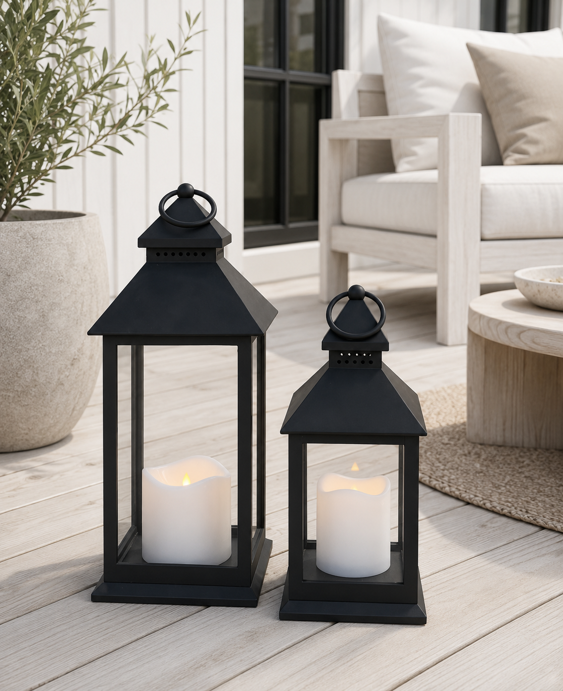 LED-lanterner med bloklys og timer - Sett med 2 stk