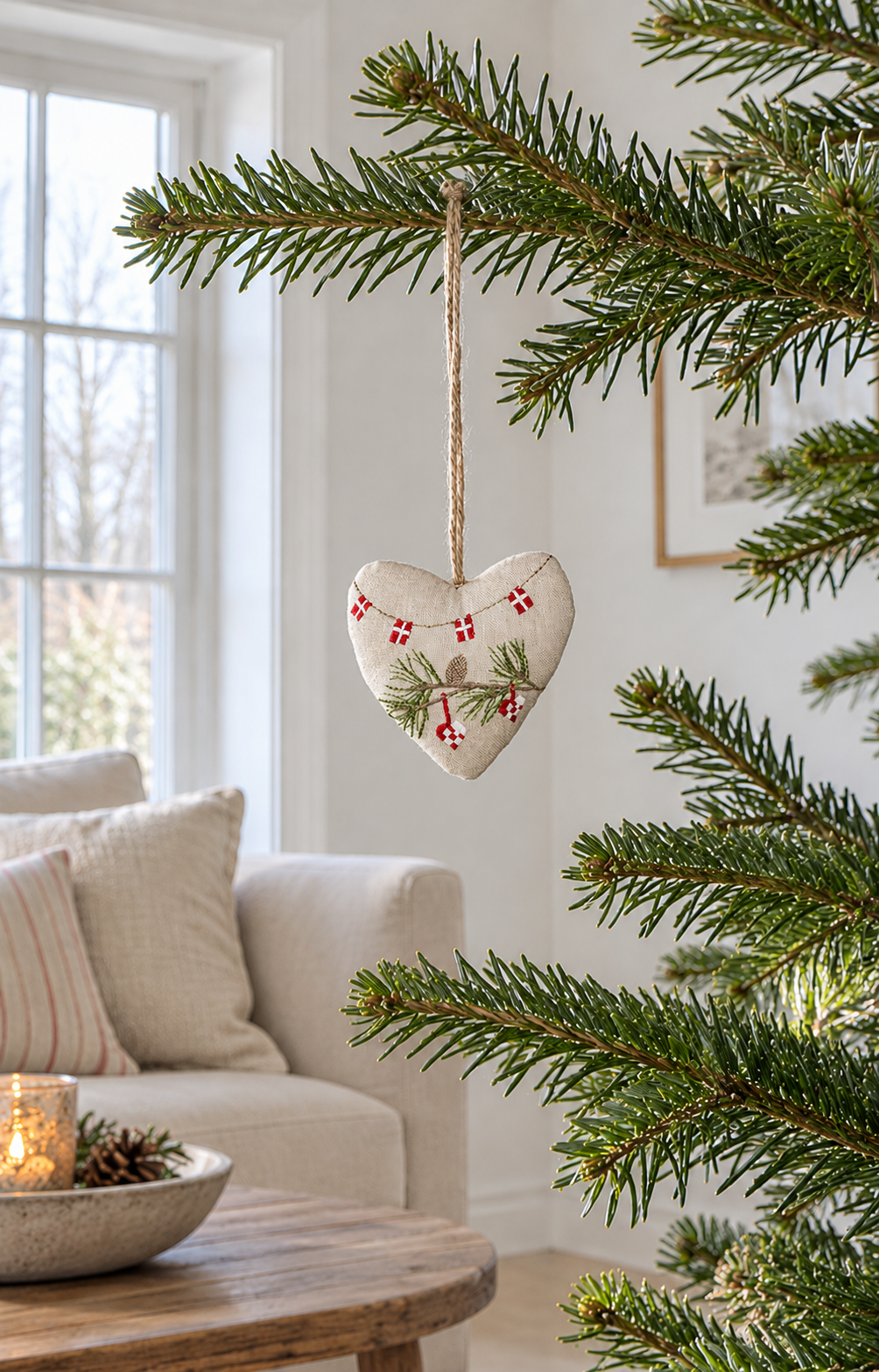 Julehjerte med broderi – beige tekstiloppheng