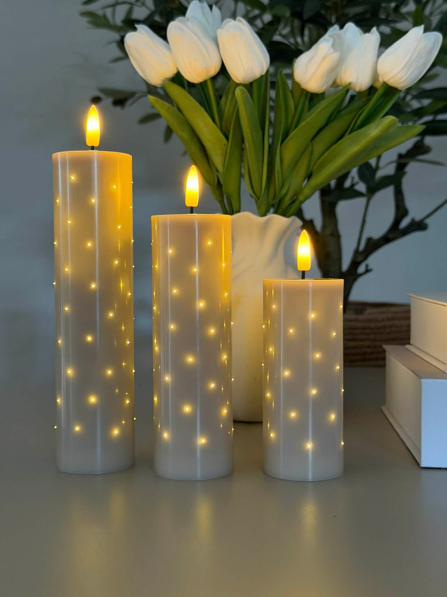 LED Blokklys TWINKLE beige - Sett med 3 lys.