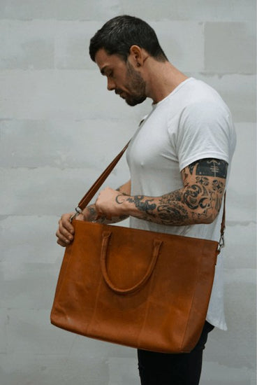 Lædertaske – Shopper eller computertaske – Cognac bøffelskind - VIAMAJA.DK