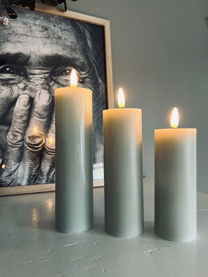 LED Bloklys / Mint-grå 3 stk. Lys – Inkl. fjernbetjening - VIAMAJA.DK