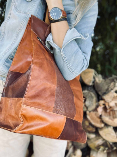 Shopper i kraftig recycling læder - Cognac - VIAMAJA.DK