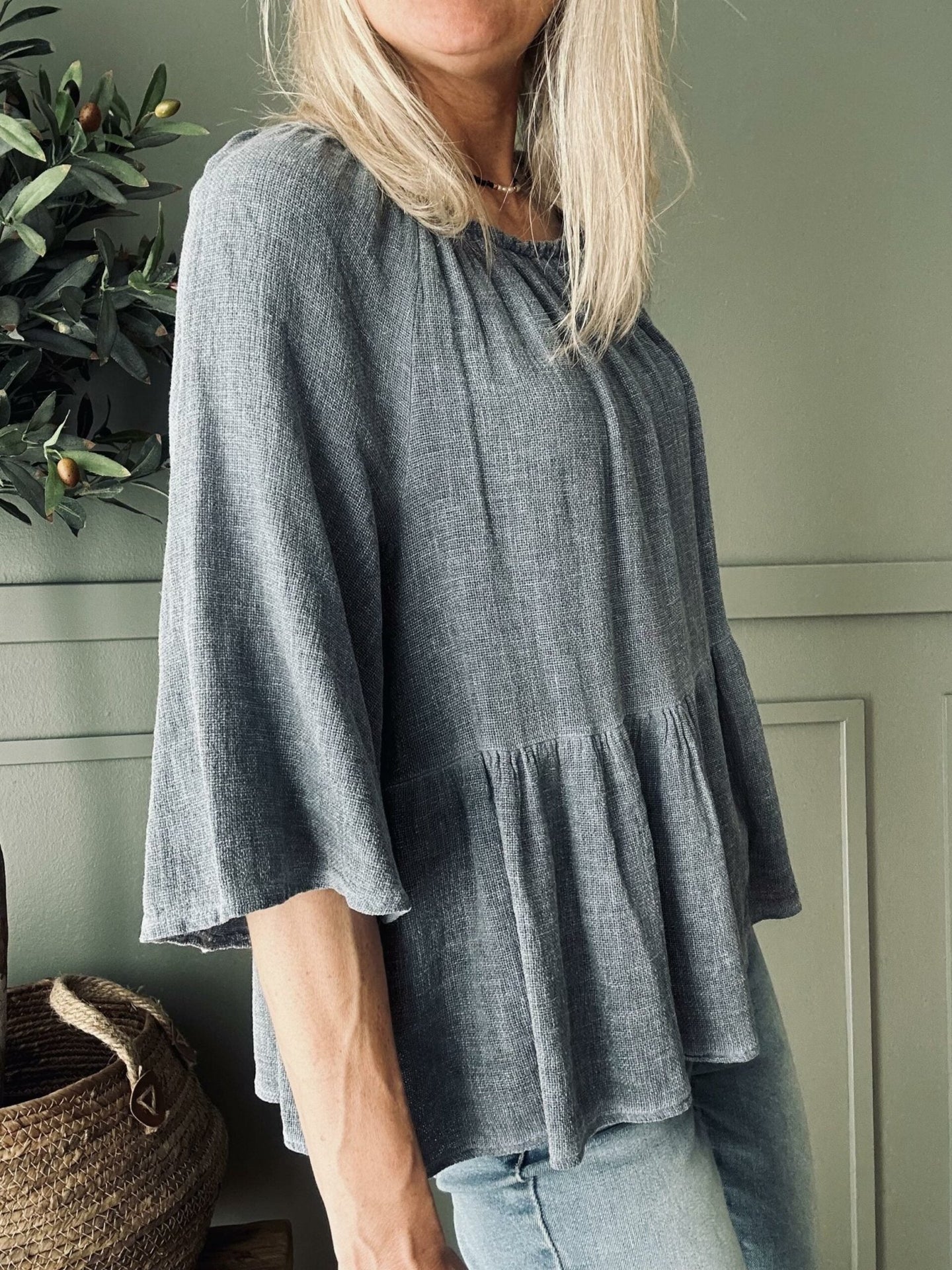 Summerbluse i hør mix - Blue - VIAMAJA.DK